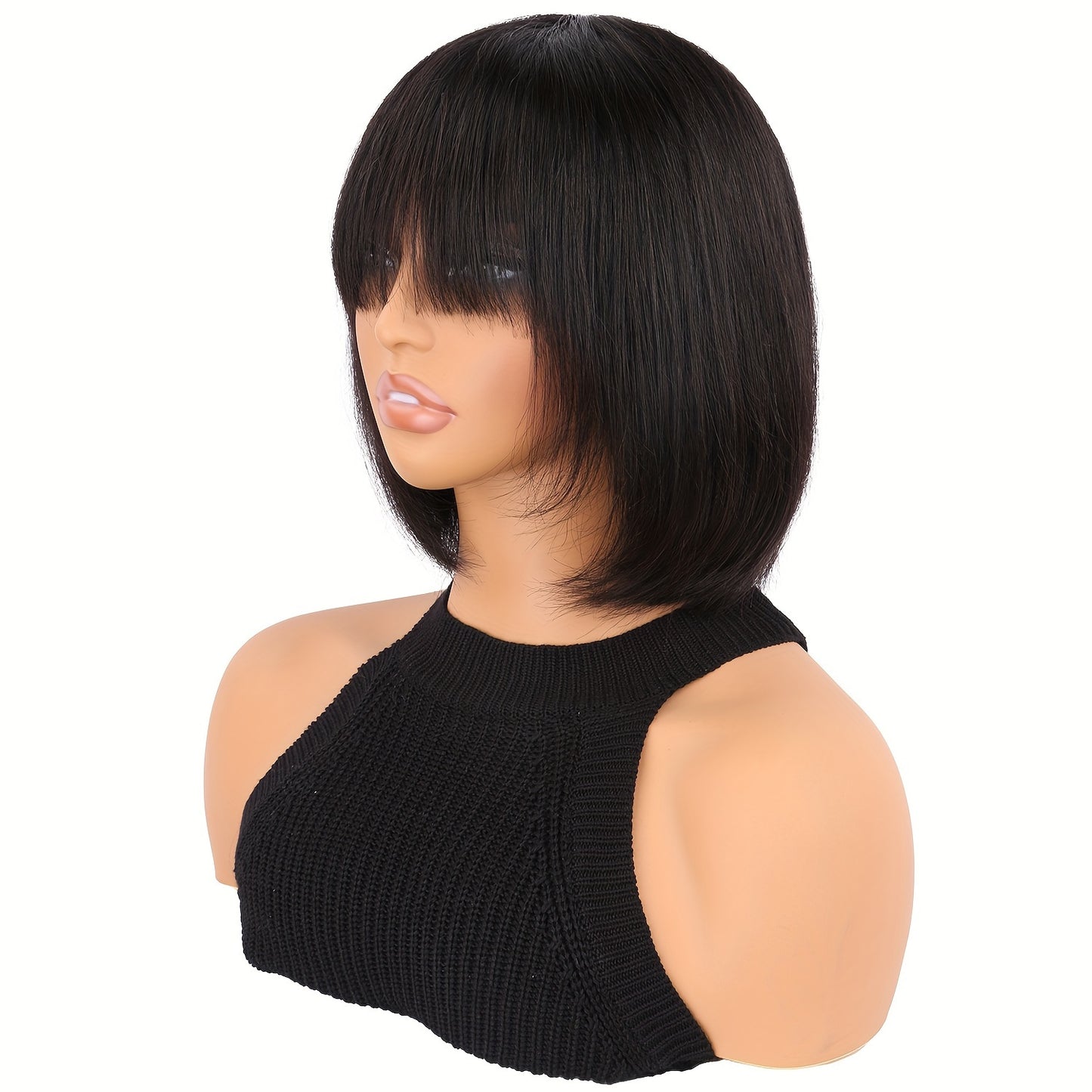 10 Inch Short Bob Human Hair Wig with Straight Bangs, Natural Black Color, 100% Density Rose Net Cap for Women, Shoulder-Length Sleek Bob Hairstyle, Middle Part with Neatly Trimmed Ends, Versatile Styling Options, Suitable fo