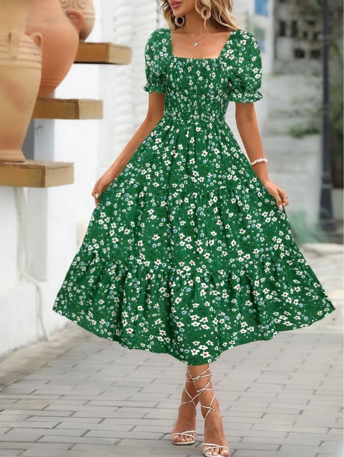 Printed Square Collar Waist-tight Puff Sleeve Layered Dress