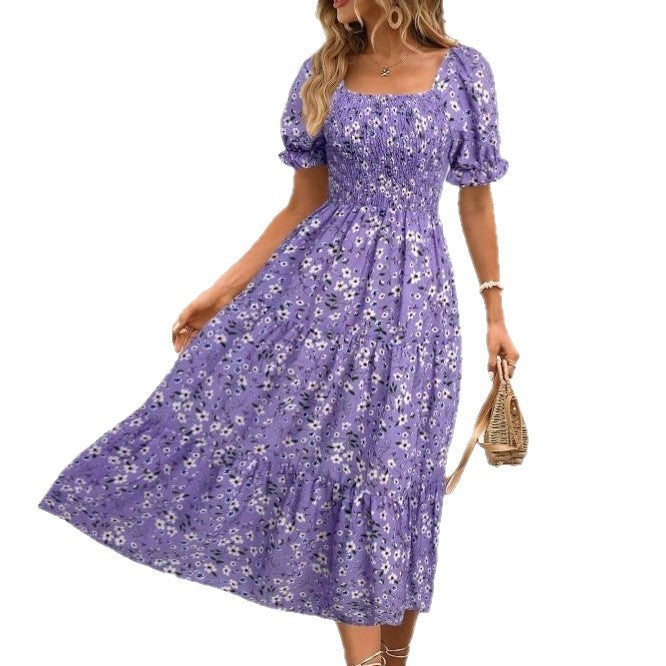 Printed Square Collar Waist-tight Puff Sleeve Layered Dress