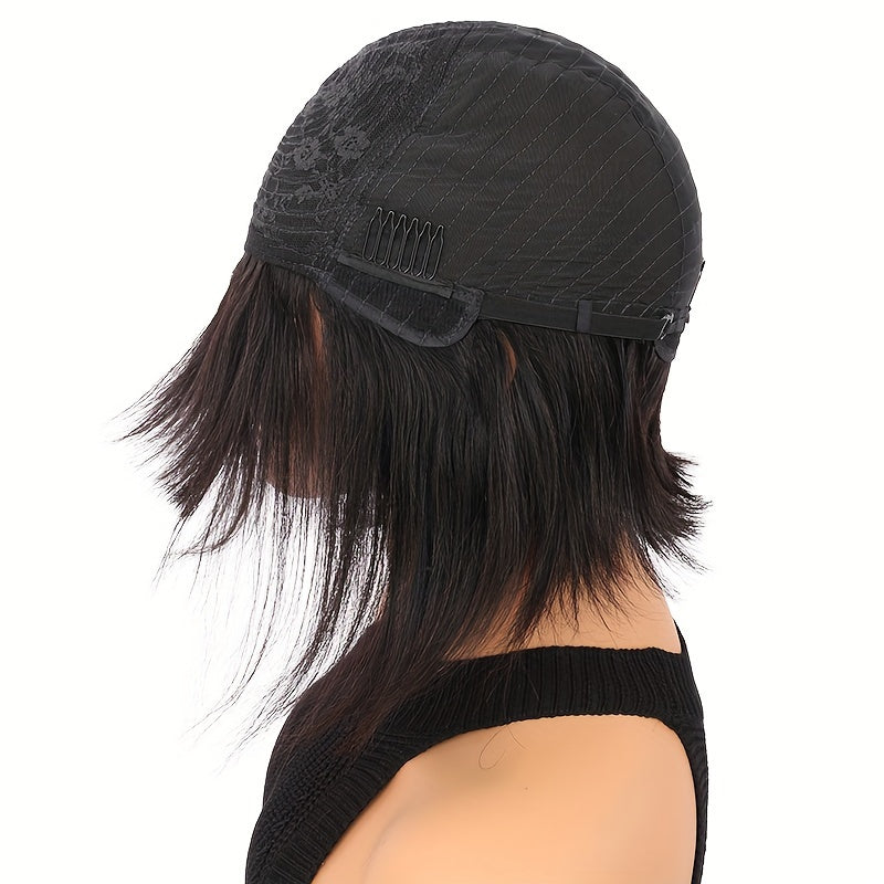 10 Inch Short Bob Human Hair Wig with Straight Bangs, Natural Black Color, 100% Density Rose Net Cap for Women, Shoulder-Length Sleek Bob Hairstyle, Middle Part with Neatly Trimmed Ends, Versatile Styling Options, Suitable fo