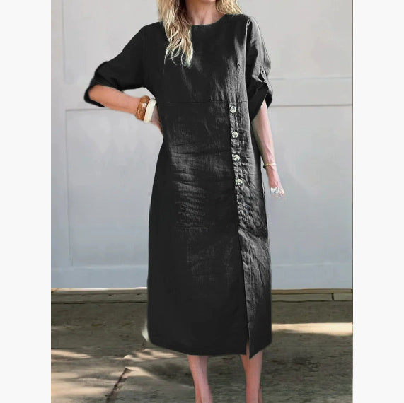 Round Neck Short Sleeve Button Split Mid-length Casual Dress