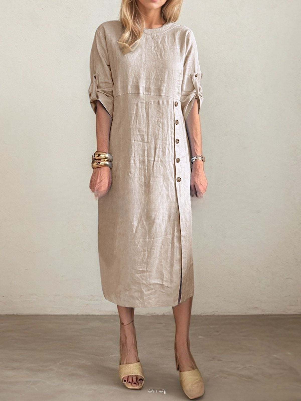 Round Neck Short Sleeve Button Split Mid-length Casual Dress