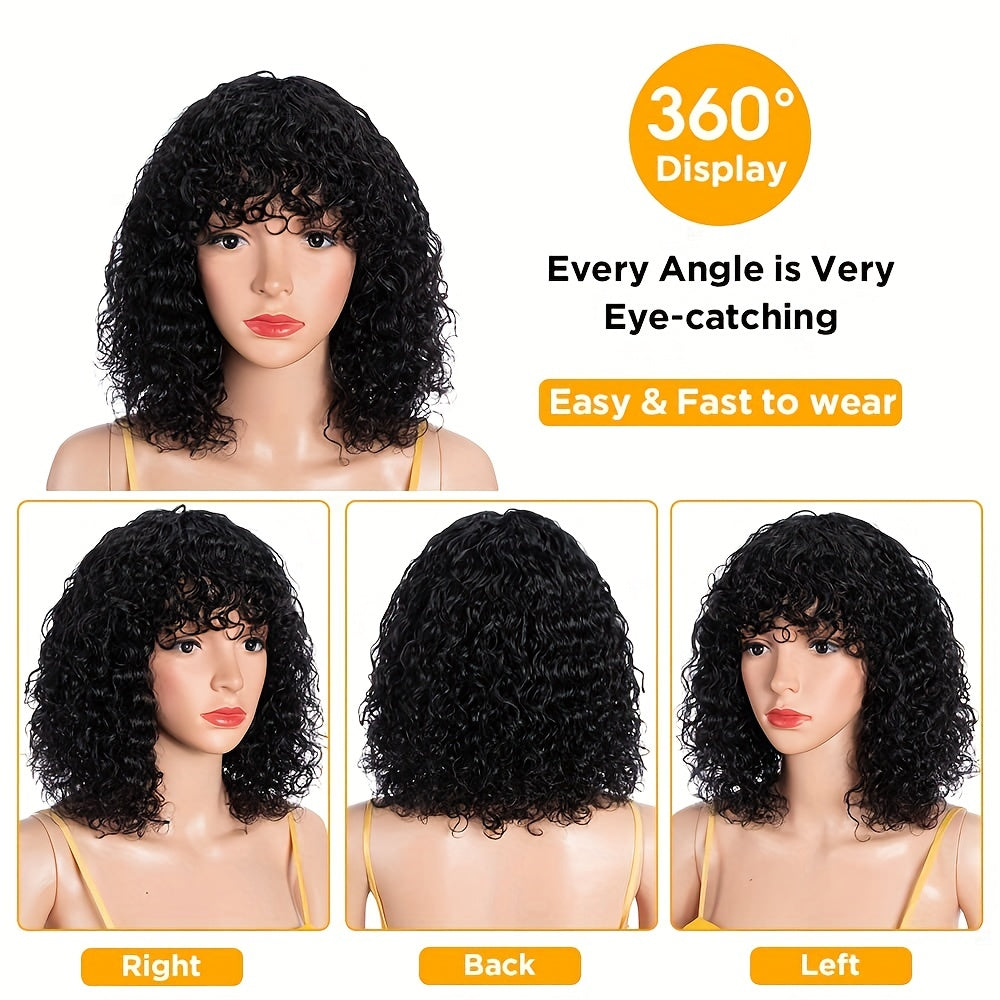 100% Human Hair Bouncy Curly Wave Bob Wig with Bangs - 150% Density, Full Machine Crafted, Natural Black, Comfortable Fit (8-16 Inches) - Effortlessly Stylish & Breathable Hairpiece for Daily Glam