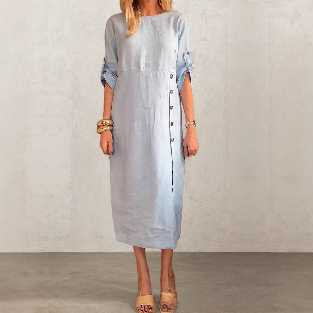Round Neck Short Sleeve Button Split Mid-length Casual Dress