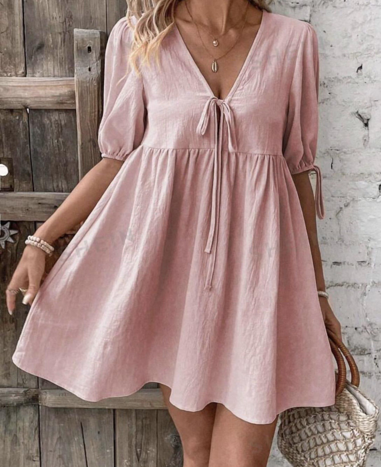 Deep V-neck Design Chest Lace-up A- Line Dress