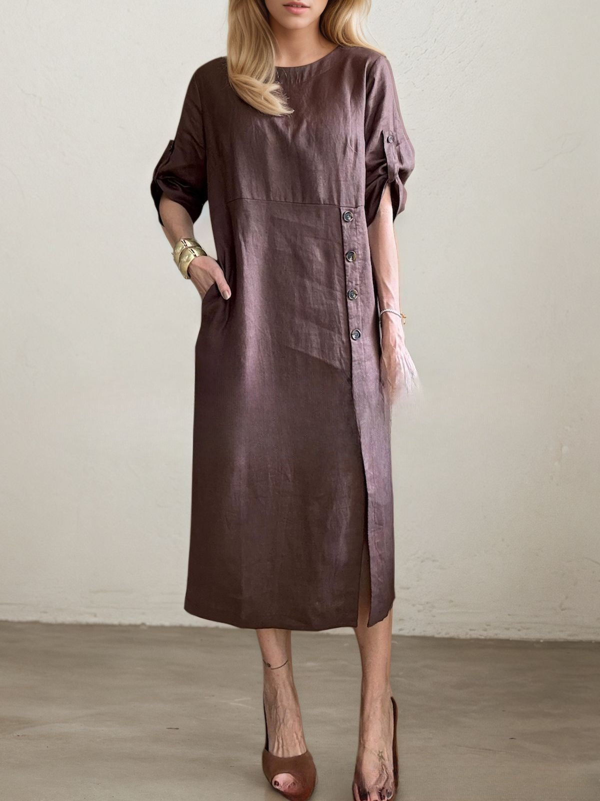 Round Neck Short Sleeve Button Split Mid-length Casual Dress