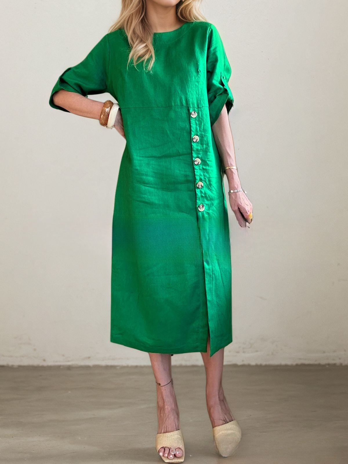 Round Neck Short Sleeve Button Split Mid-length Casual Dress