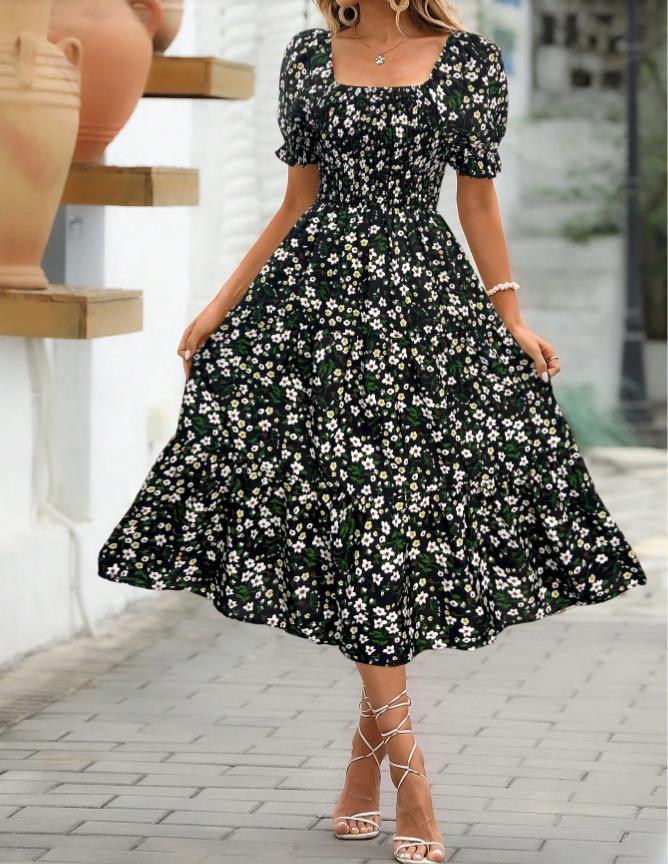 Printed Square Collar Waist-tight Puff Sleeve Layered Dress