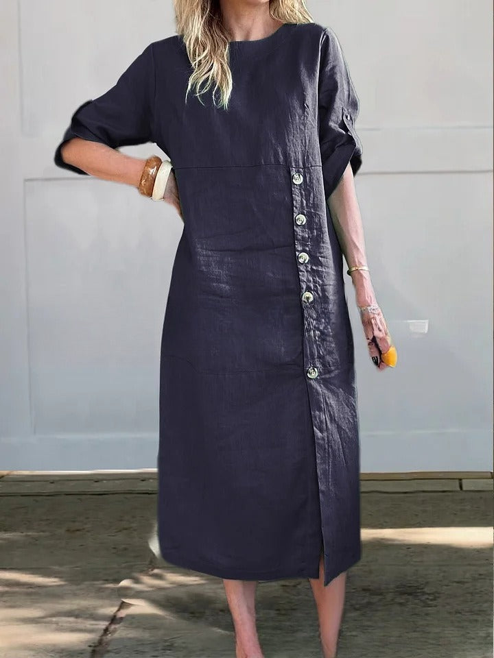 Round Neck Short Sleeve Button Split Mid-length Casual Dress