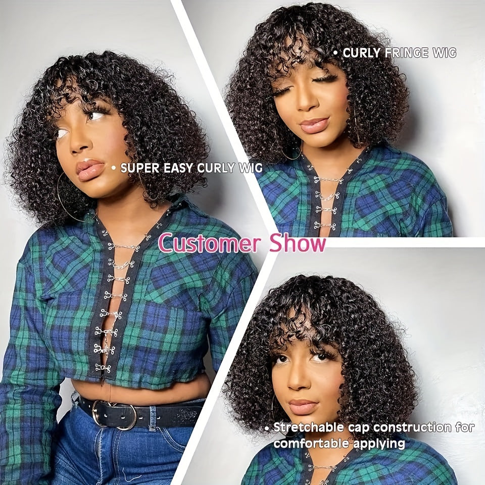 100% Human Hair Bouncy Curly Wave Bob Wig with Bangs - 150% Density, Full Machine Crafted, Natural Black, Comfortable Fit (8-16 Inches) - Effortlessly Stylish & Breathable Hairpiece for Daily Glam