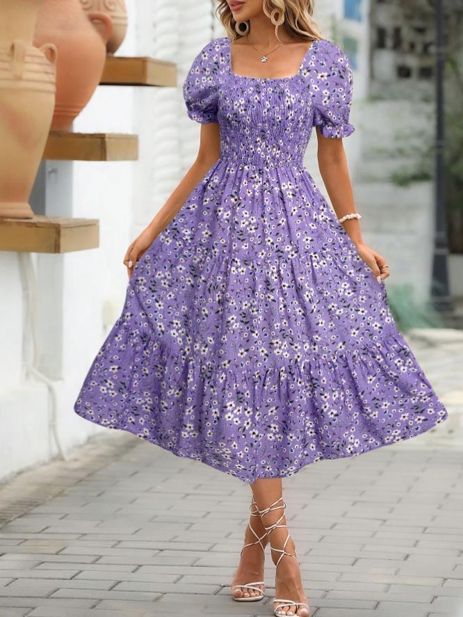 Printed Square Collar Waist-tight Puff Sleeve Layered Dress