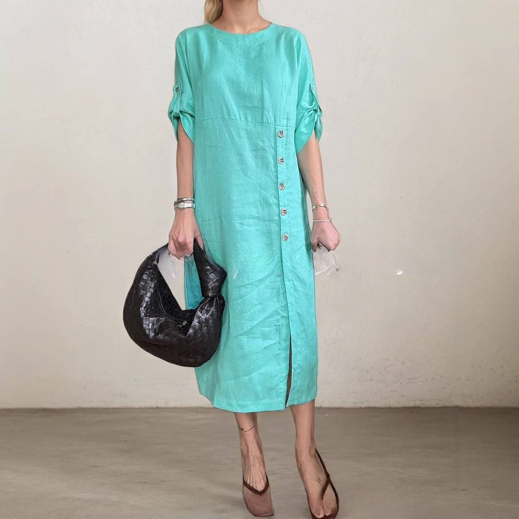 Round Neck Short Sleeve Button Split Mid-length Casual Dress