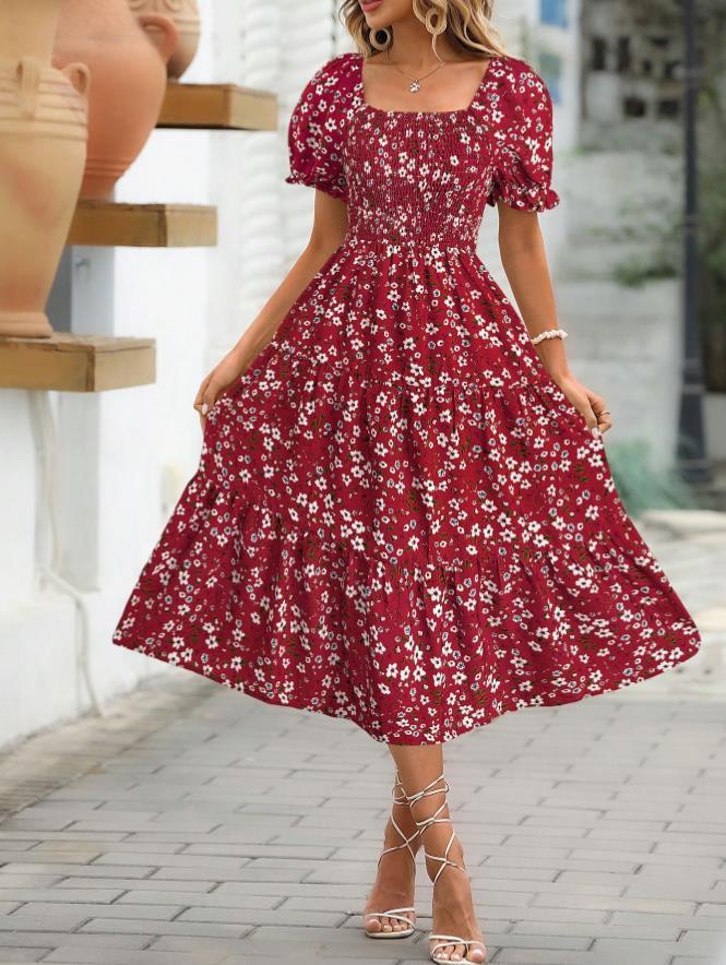 Printed Square Collar Waist-tight Puff Sleeve Layered Dress