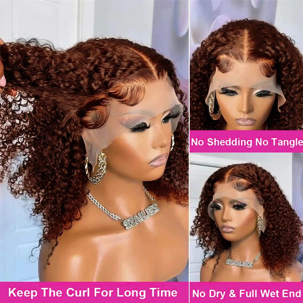 Deep Wave Short Bob Wig Chocolate Brown 13x4 Lace Front Wig Brazilian Human Hair Curly Short Bob Wig #4 Color Wigs 200% Density
