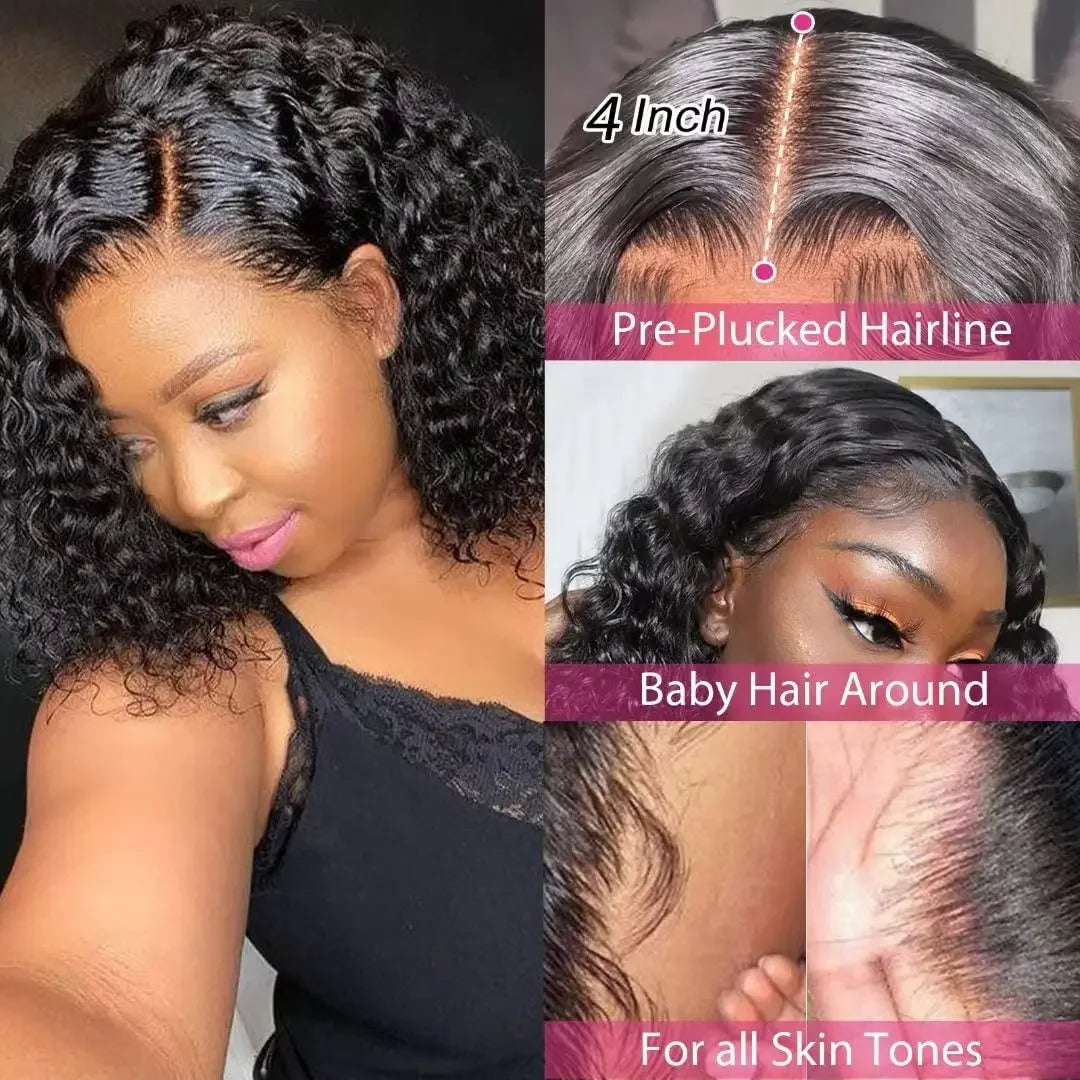 12 Inch Curly Bob Wigs Human Hair Deep Wave 4x4 HD Lace Front Wig Pre Plucked Lace Closure Curly Glueless Wig