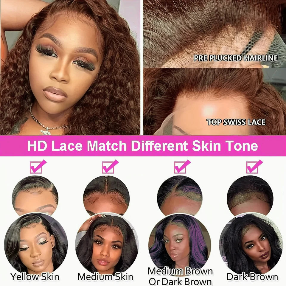 Deep Wave Short Bob Wig Chocolate Brown 13x4 Lace Front Wig Brazilian Human Hair Curly Short Bob Wig #4 Color Wigs 200% Density