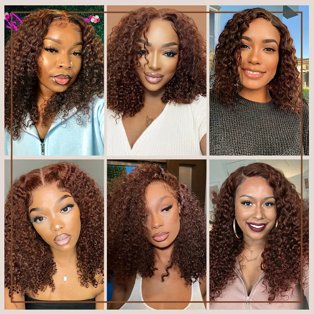 Deep Wave Short Bob Wig Chocolate Brown 13x4 Lace Front Wig Brazilian Human Hair Curly Short Bob Wig #4 Color Wigs 200% Density