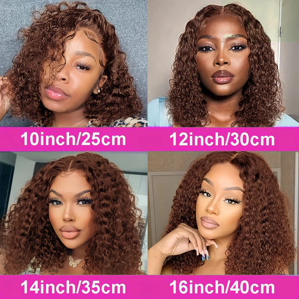 Deep Wave Short Bob Wig Chocolate Brown 13x4 Lace Front Wig Brazilian Human Hair Curly Short Bob Wig #4 Color Wigs 200% Density