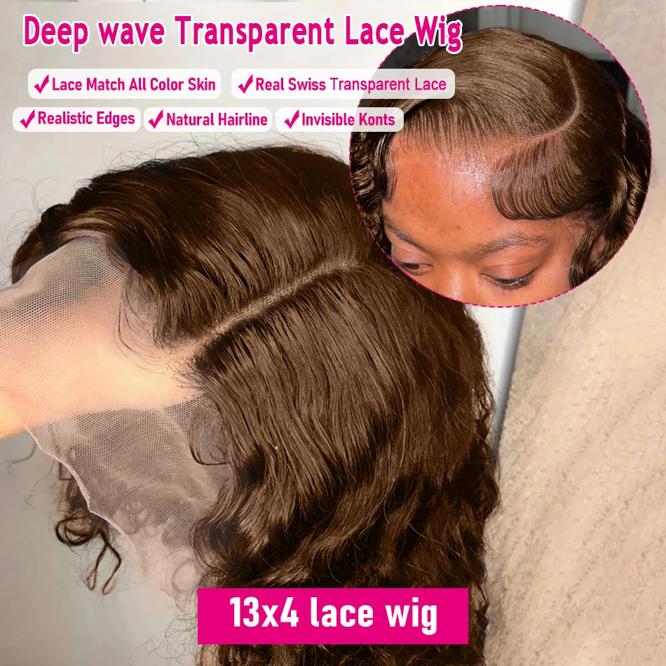 Deep Wave Short Bob Wig Chocolate Brown 13x4 Lace Front Wig Brazilian Human Hair Curly Short Bob Wig #4 Color Wigs 200% Density