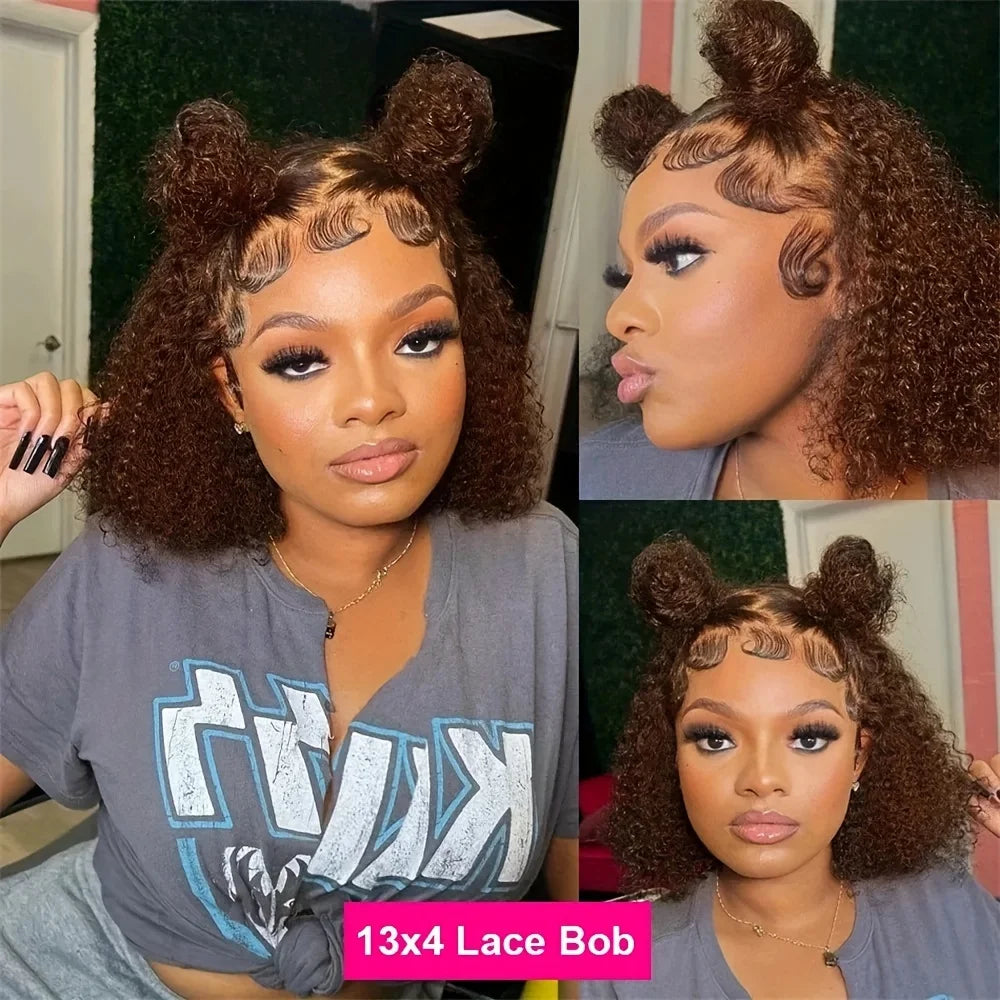 Deep Wave Short Bob Wig Chocolate Brown 13x4 Lace Front Wig Brazilian Human Hair Curly Short Bob Wig #4 Color Wigs 200% Density