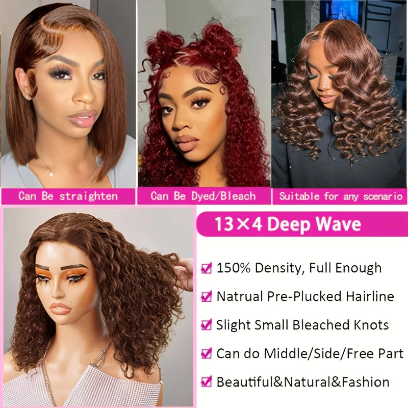 Deep Wave Short Bob Wig Chocolate Brown 13x4 Lace Front Wig Brazilian Human Hair Curly Short Bob Wig #4 Color Wigs 200% Density