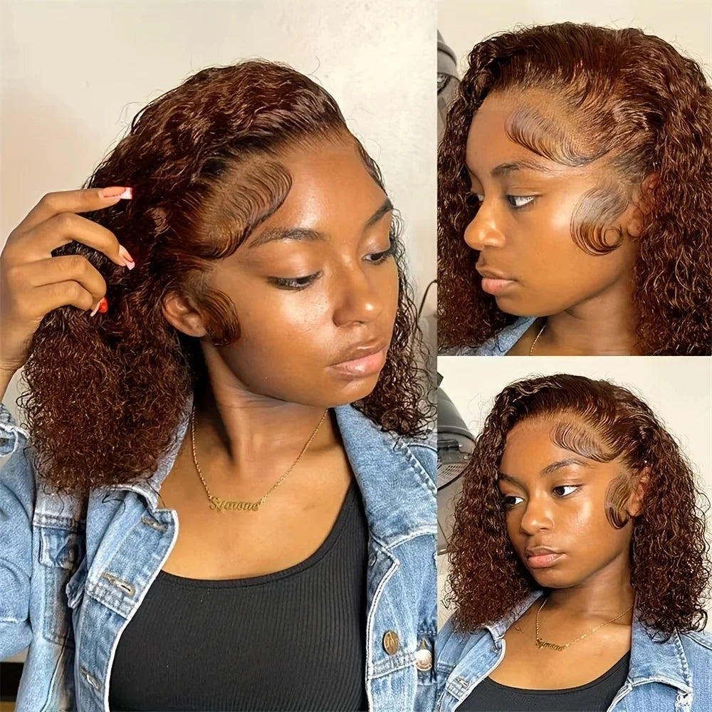 Deep Wave Short Bob Wig Chocolate Brown 13x4 Lace Front Wig Brazilian Human Hair Curly Short Bob Wig #4 Color Wigs 200% Density