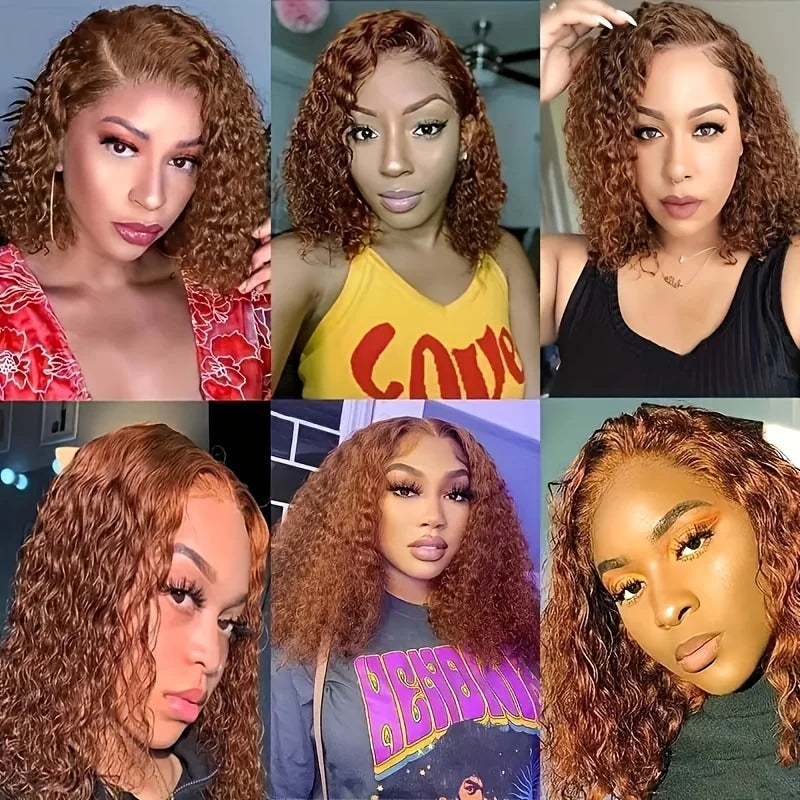 Deep Wave Short Bob Wig Chocolate Brown 13x4 Lace Front Wig Brazilian Human Hair Curly Short Bob Wig #4 Color Wigs 200% Density