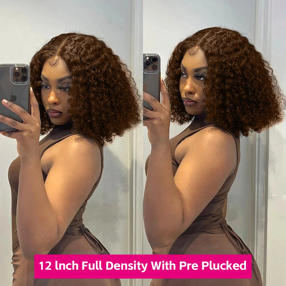 Deep Wave Short Bob Wig Chocolate Brown 13x4 Lace Front Wig Brazilian Human Hair Curly Short Bob Wig #4 Color Wigs 200% Density