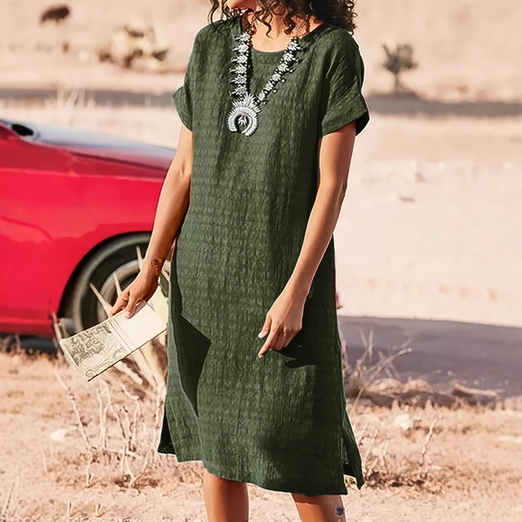 Round Neck Short Sleeve Split Fold Split Dress