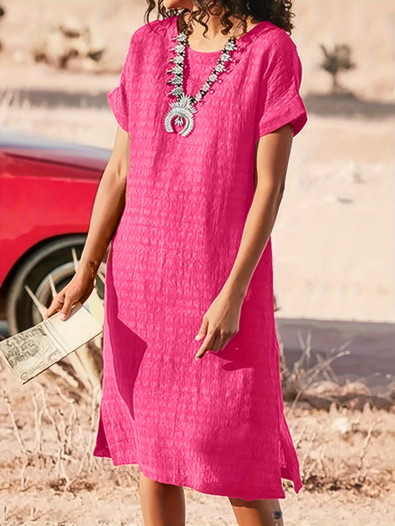 Round Neck Short Sleeve Split Fold Split Dress