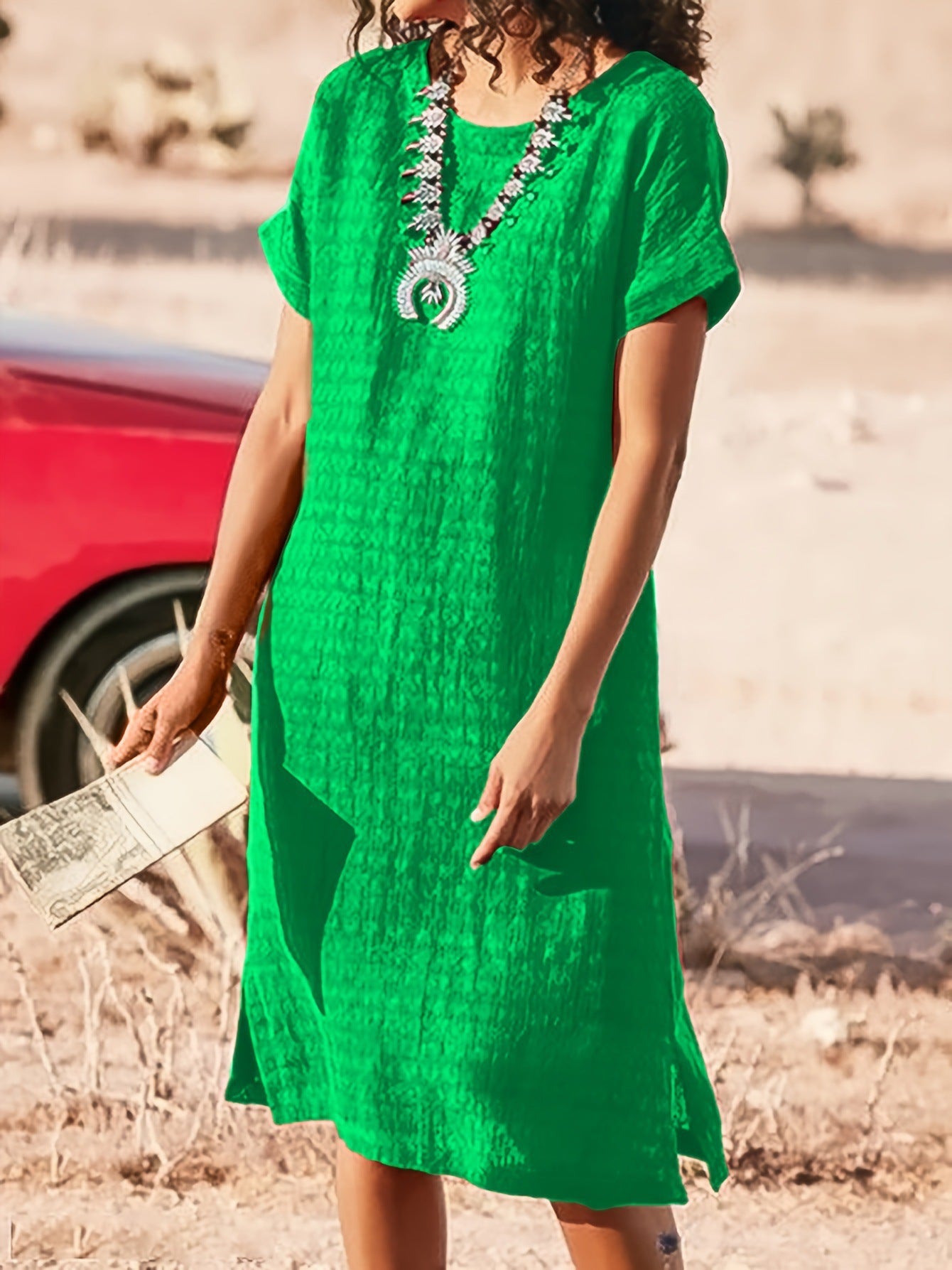 Round Neck Short Sleeve Split Fold Split Dress