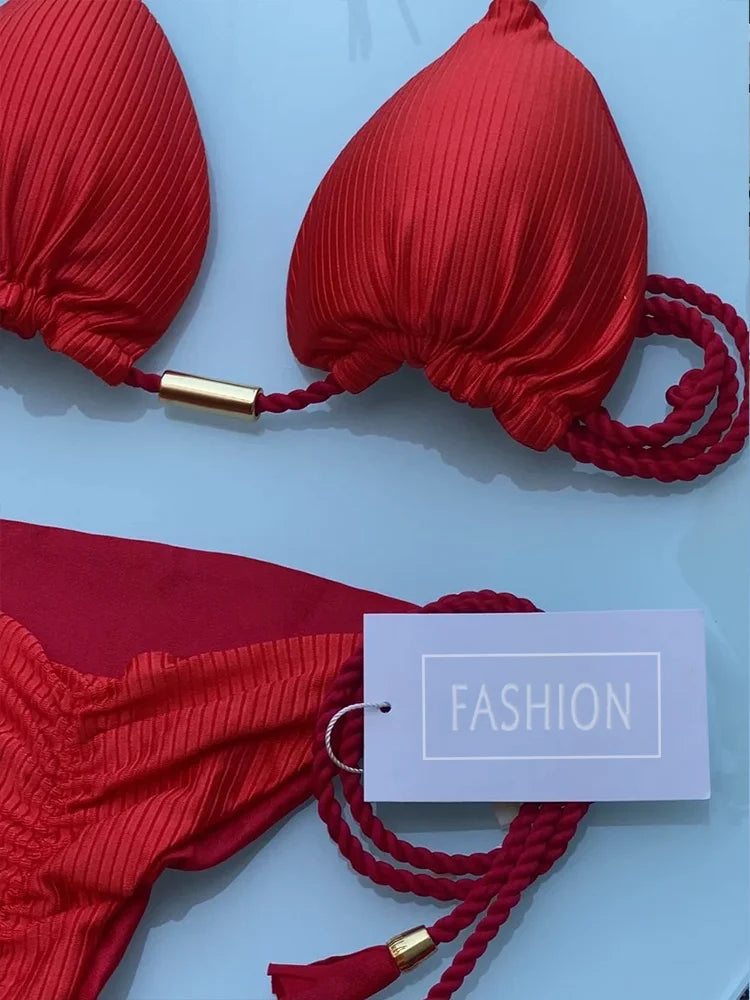 ZRTAK Pink Bikinis Triangle Biquinis Feminino Swimsuit String Bikini Sets Push Up Bikinis Women Bathing Suit Solid Swimwear