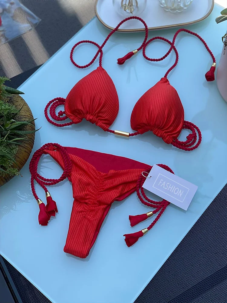 ZRTAK Pink Bikinis Triangle Biquinis Feminino Swimsuit String Bikini Sets Push Up Bikinis Women Bathing Suit Solid Swimwear