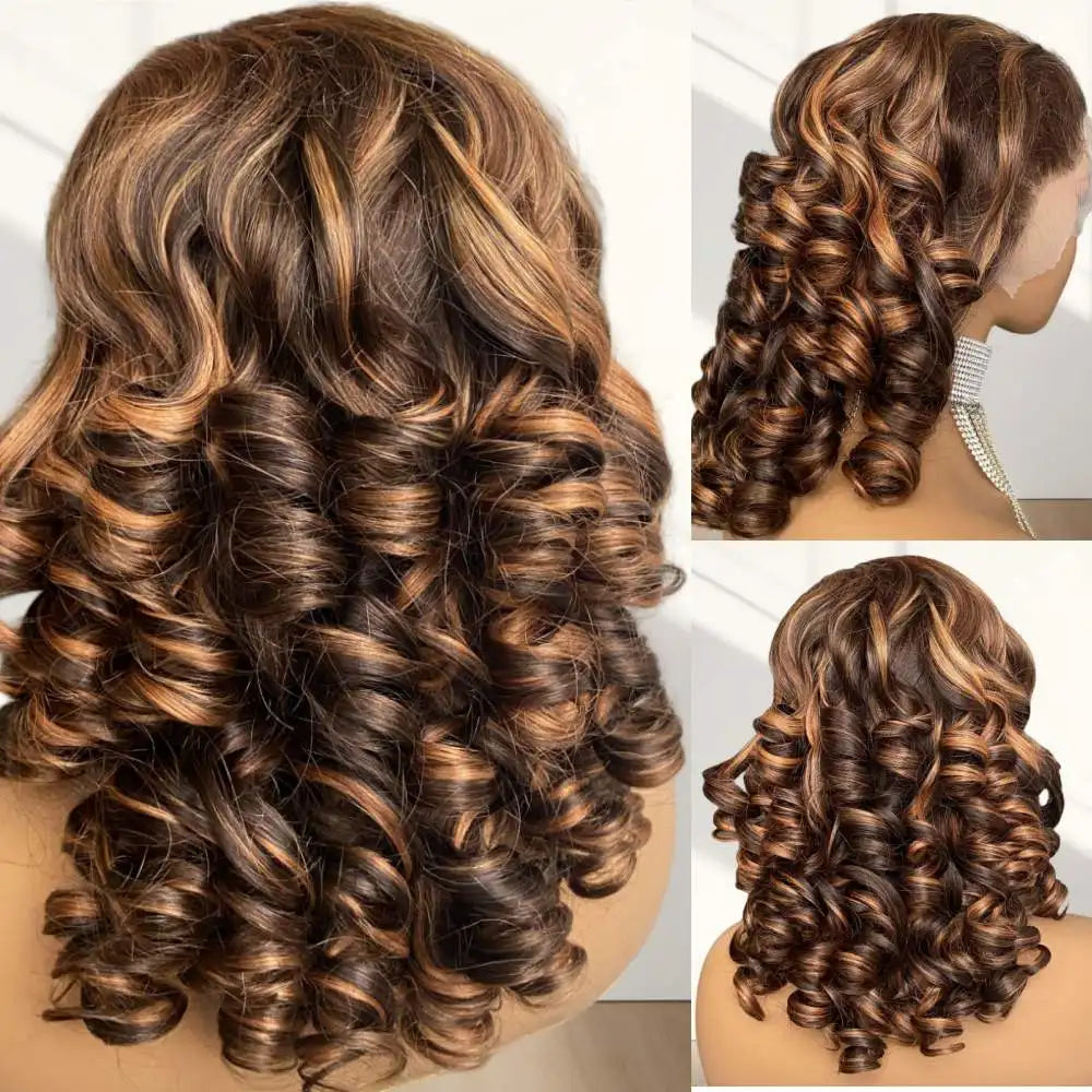 13X4 Lace Frontal Wigs 100% Raw Indian Human Hair Super Double Drawn Curly Wigs 250 Density Glueless Ombre Bouncy Curly Loose W