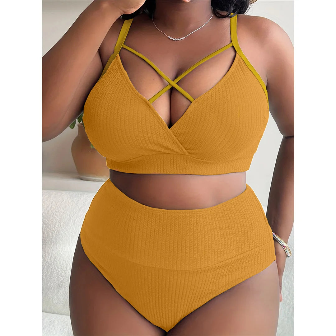 0XL - 4XL Ribbed Bikini Large Size Swimwear Plus Size Women Swimsuit Female Two-pieces Bikini set Bather Bathing Suit Swim V4982