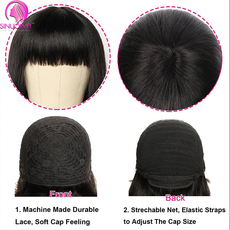 Short Straight Bob Wig With Bangs Brazilian Human Hair Bob Wigs Remy Full Machine Made Wig for Women Non Lace Glueless Bob Wig