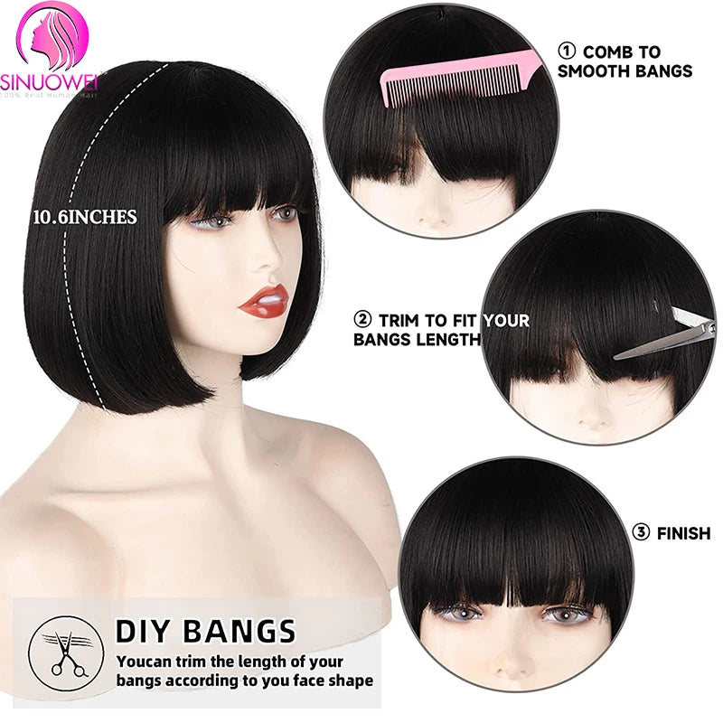 Short Straight Bob Wig With Bangs Brazilian Human Hair Bob Wigs Remy Full Machine Made Wig for Women Non Lace Glueless Bob Wig