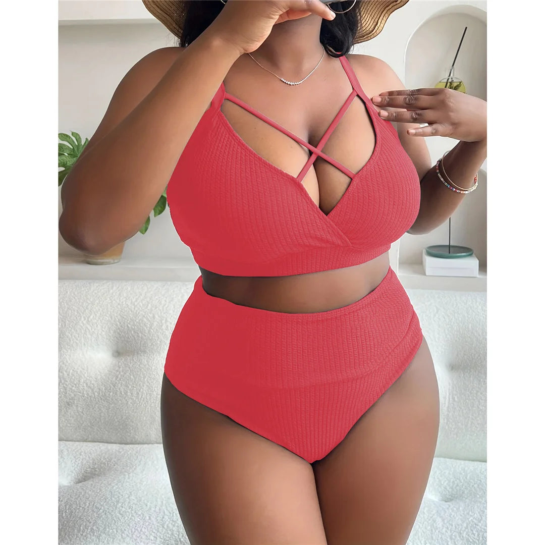 0XL - 4XL Ribbed Bikini Large Size Swimwear Plus Size Women Swimsuit Female Two-pieces Bikini set Bather Bathing Suit Swim V4982