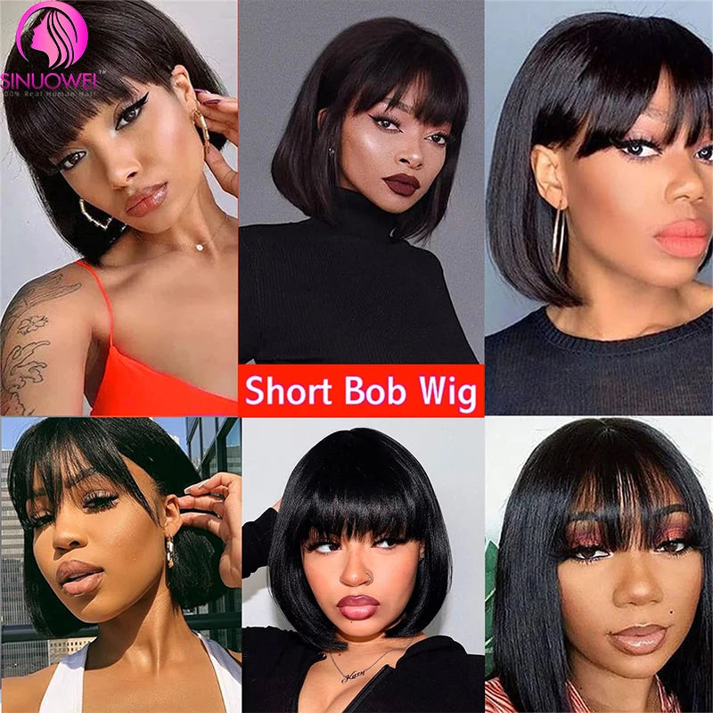 Short Straight Bob Wig With Bangs Brazilian Human Hair Bob Wigs Remy Full Machine Made Wig for Women Non Lace Glueless Bob Wig