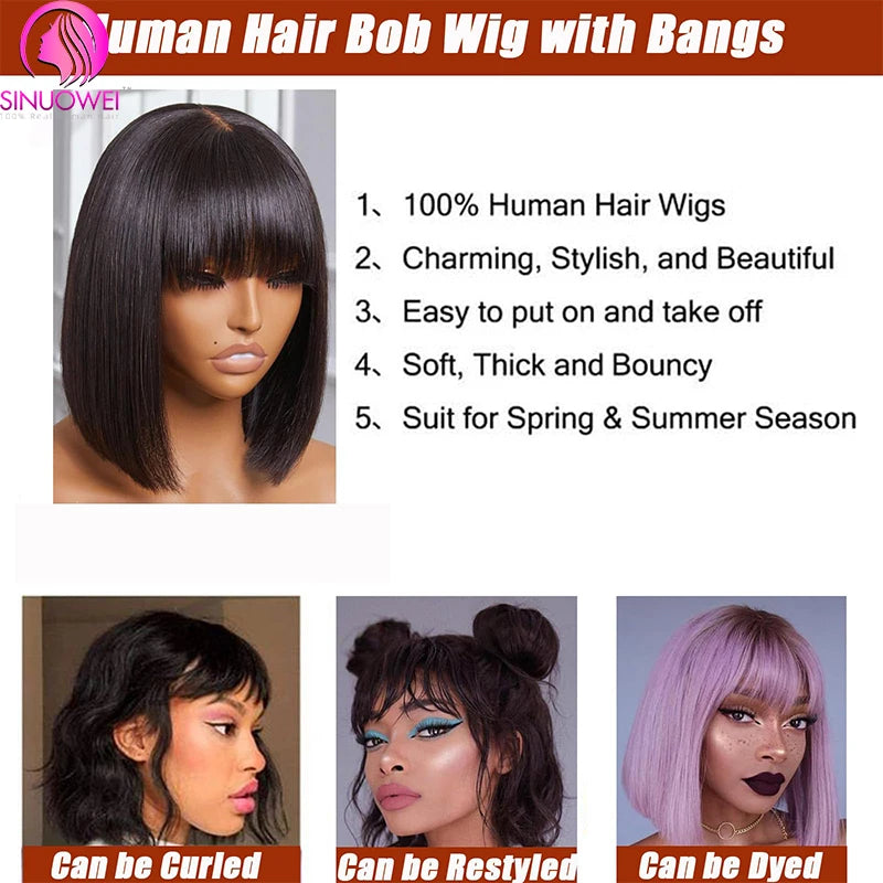Short Straight Bob Wig With Bangs Brazilian Human Hair Bob Wigs Remy Full Machine Made Wig for Women Non Lace Glueless Bob Wig