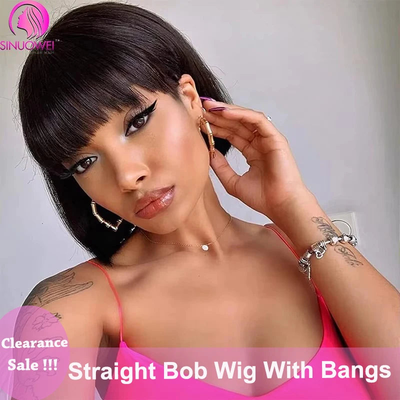Short Straight Bob Wig With Bangs Brazilian Human Hair Bob Wigs Remy Full Machine Made Wig for Women Non Lace Glueless Bob Wig