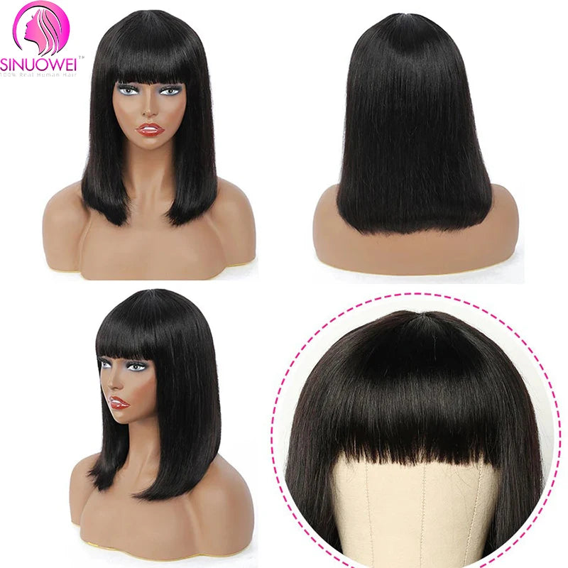 Short Straight Bob Wig With Bangs Brazilian Human Hair Bob Wigs Remy Full Machine Made Wig for Women Non Lace Glueless Bob Wig
