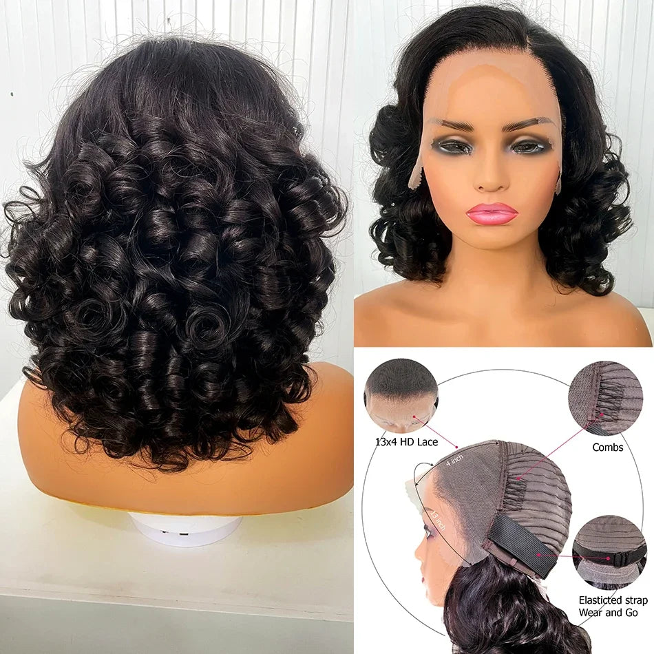 13X4 Lace Frontal Wigs 100% Raw Indian Human Hair Super Double Drawn Curly Wigs 250 Density Glueless Ombre Bouncy Curly Loose W