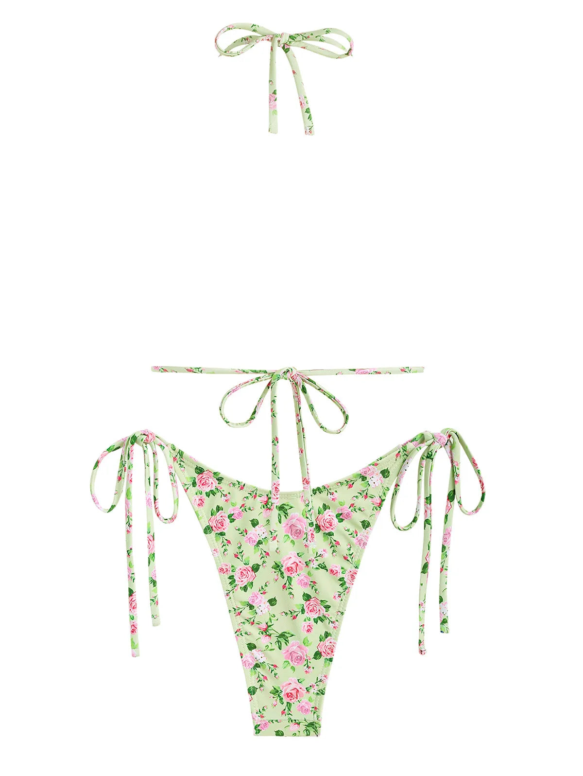 ZAFUL Women's Bow Decor Tiny Floral Halter Tanga Tie Side String Triangle Two Piece Swimwear Bikini Set