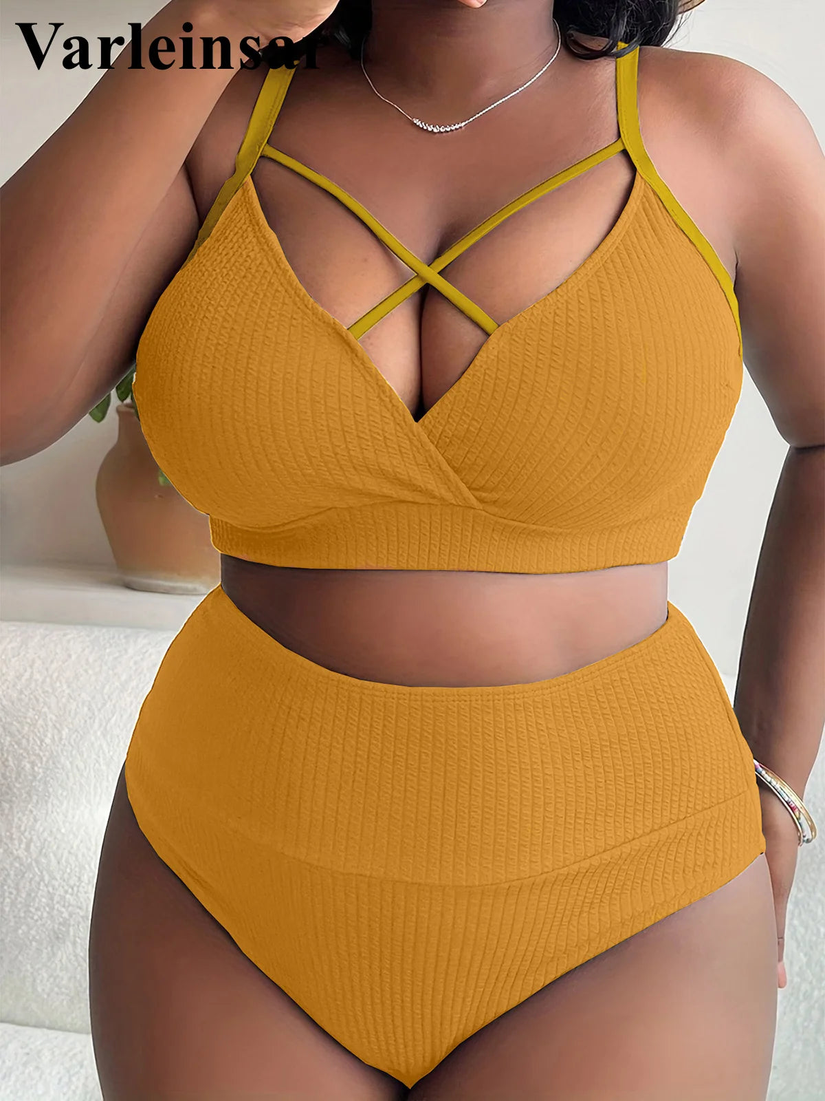 0XL - 4XL Ribbed Bikini Large Size Swimwear Plus Size Women Swimsuit Female Two-pieces Bikini set Bather Bathing Suit Swim V4982