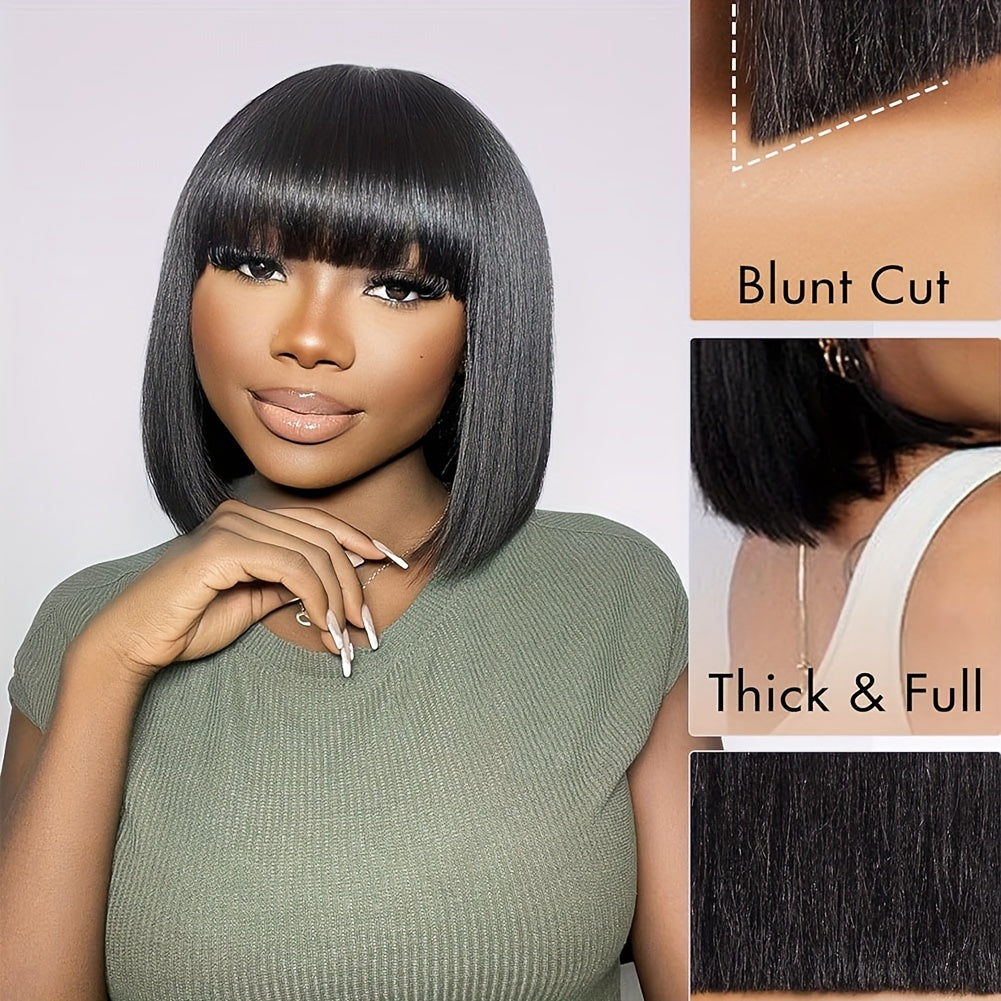 10 Inch Short Bob Human Hair Wig with Straight Bangs, Natural Black Color, 100% Density Rose Net Cap for Women, Shoulder-Length Sleek Bob Hairstyle, Middle Part with Neatly Trimmed Ends, Versatile Styling Options, Suitable fo