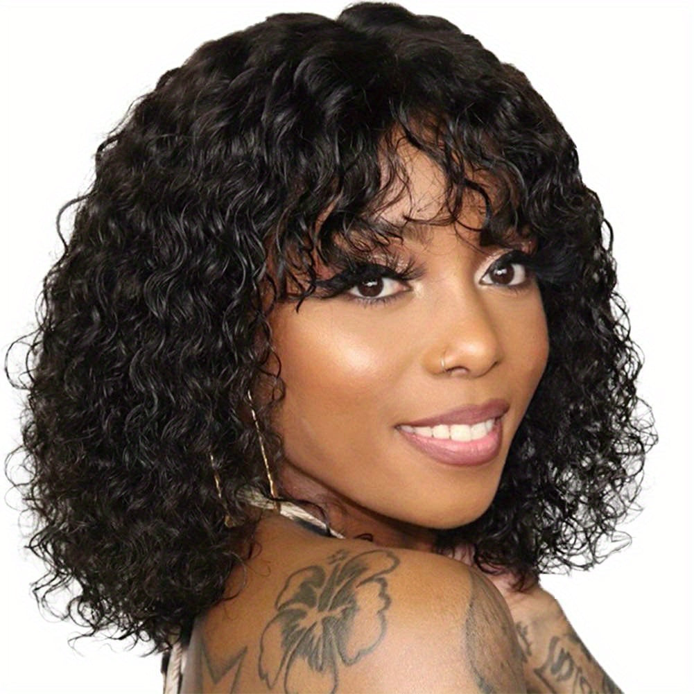 100% Human Hair Bouncy Curly Wave Bob Wig with Bangs - 150% Density, Full Machine Crafted, Natural Black, Comfortable Fit (8-16 Inches) - Effortlessly Stylish & Breathable Hairpiece for Daily Glam