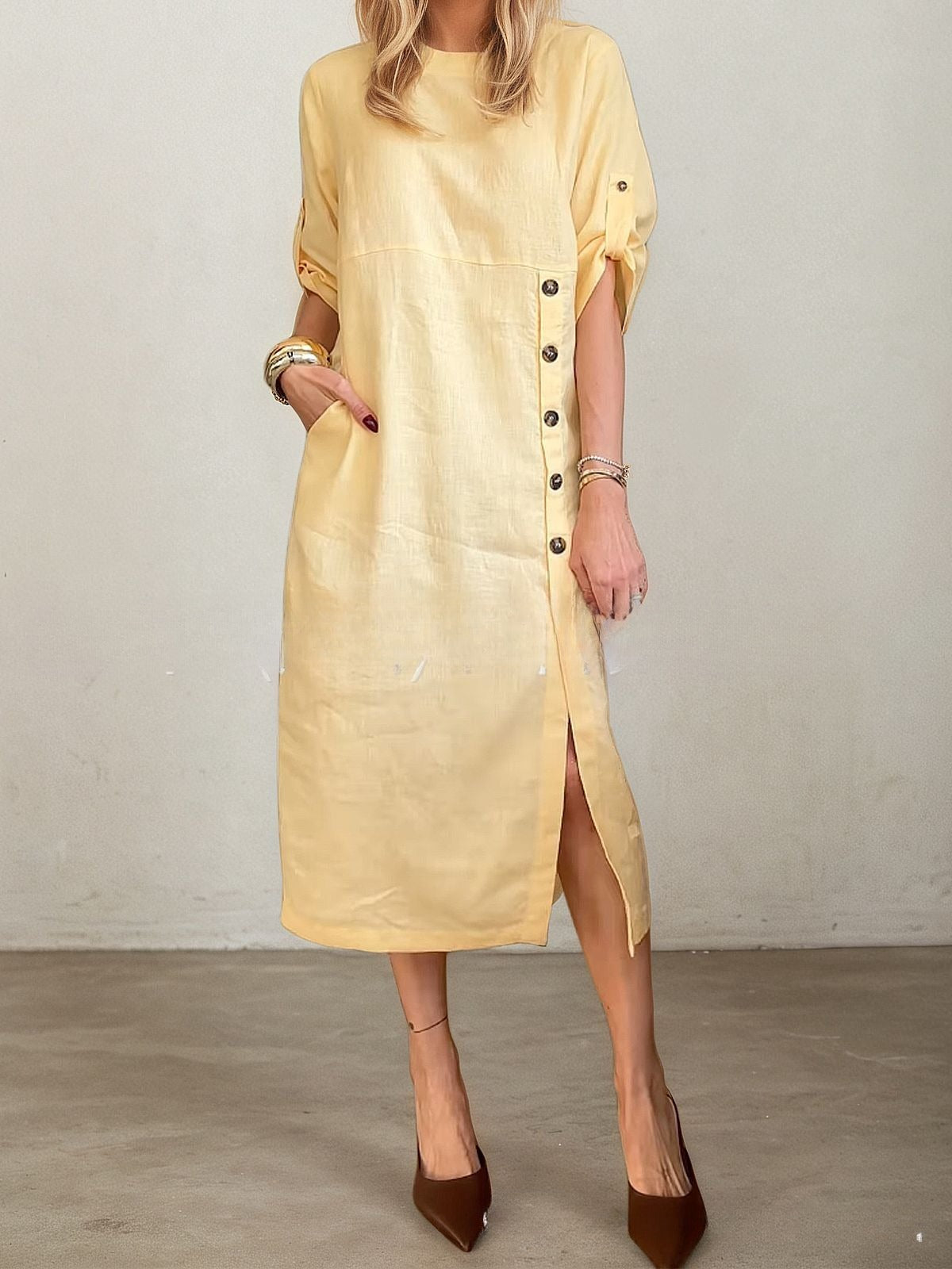 Round Neck Short Sleeve Button Split Mid-length Casual Dress