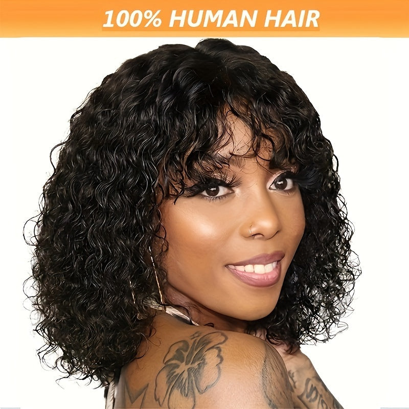 100% Human Hair Bouncy Curly Wave Bob Wig with Bangs - 150% Density, Full Machine Crafted, Natural Black, Comfortable Fit (8-16 Inches) - Effortlessly Stylish & Breathable Hairpiece for Daily Glam