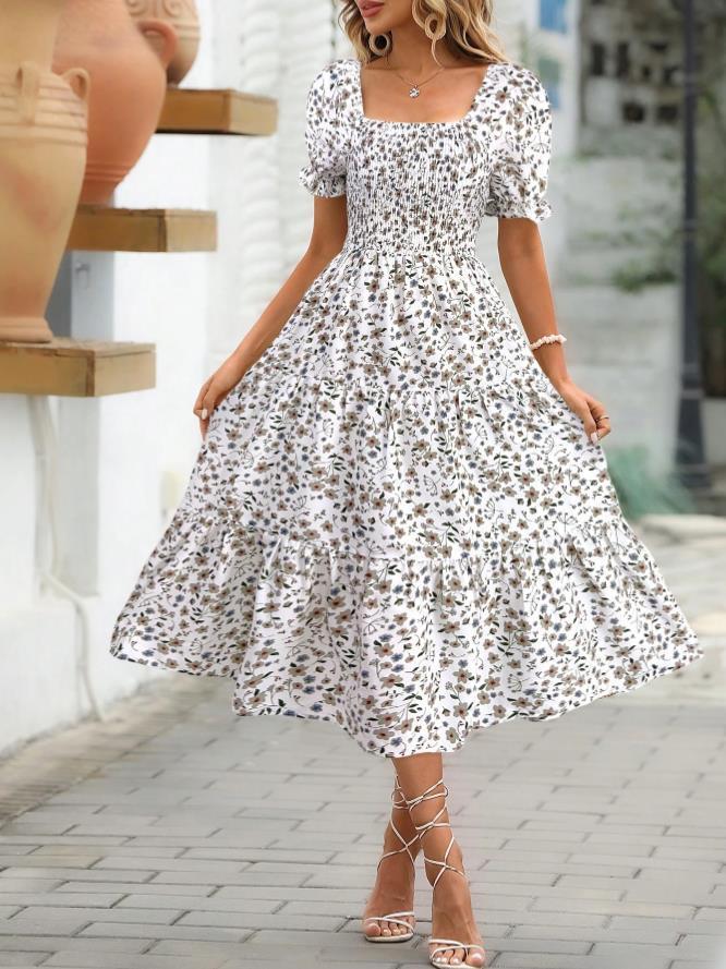 Printed Square Collar Waist-tight Puff Sleeve Layered Dress